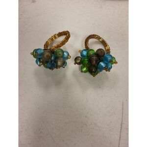 Beaded Napkin Rings Pair Gold Tone Wire Blue Green Beads Table Decor Dinnerware